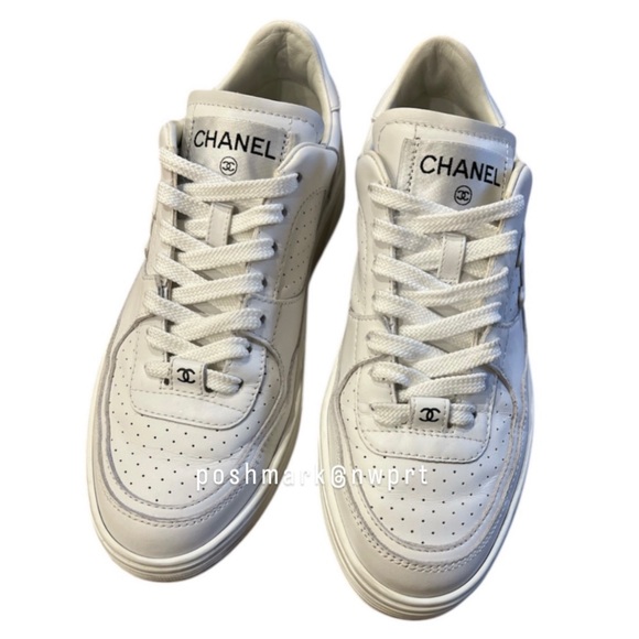 CHANEL 💯 23A White CC Logo Platform Leather Sneakers Runners 37.5 37 7 Box - Picture 3 of 11